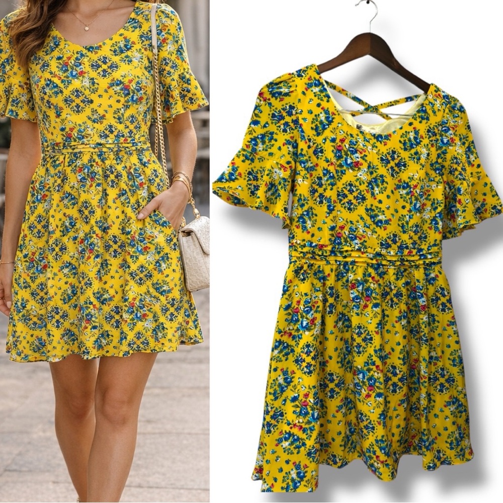 Turn Left | EUC Boho Yellow Blue Floral Ruffle Sleeve Mini Dress